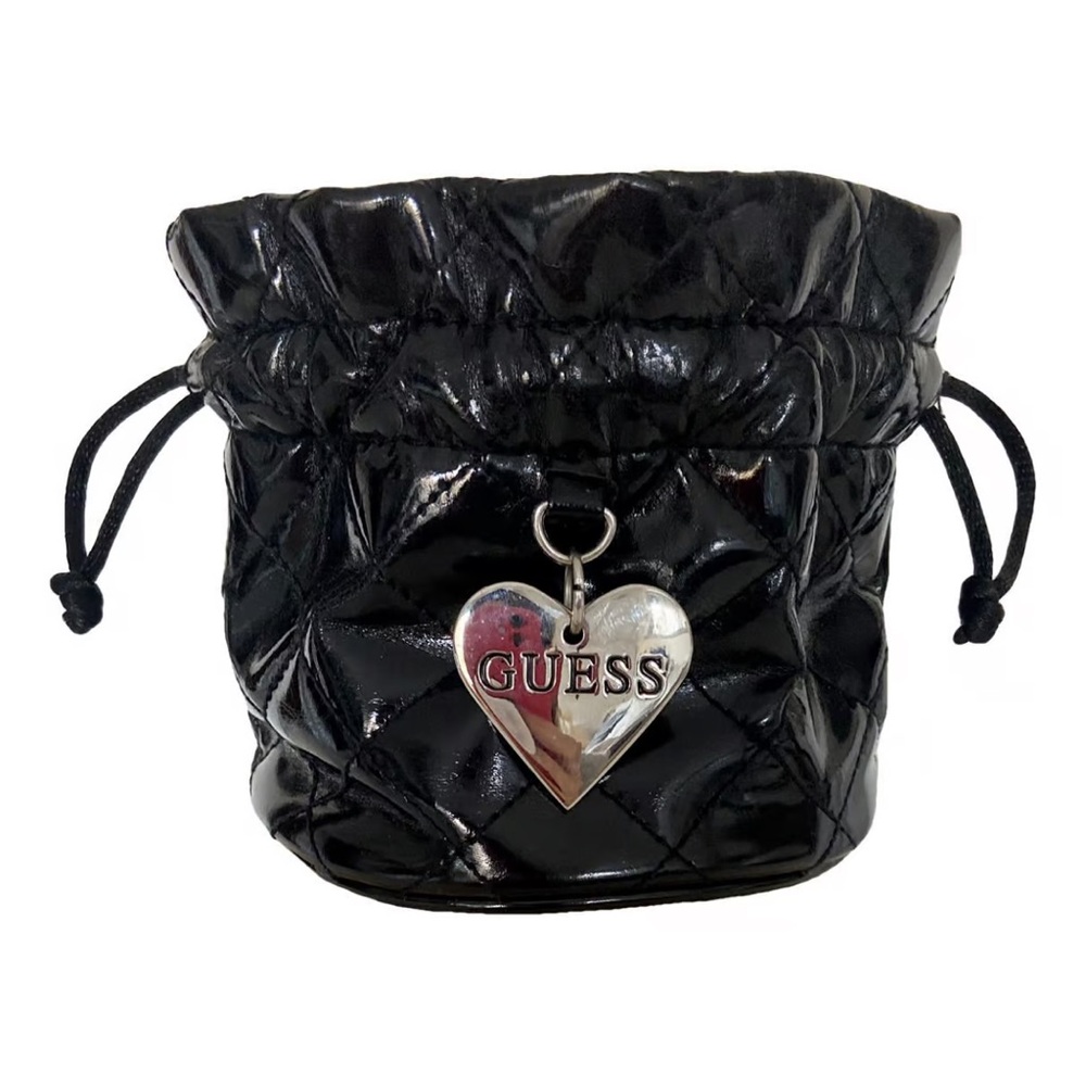 Guess mini drawstring quilted black quilted  bag charm pendent .silver tone